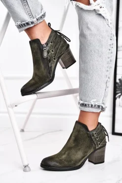Discount Botki Damskie Na Słupku Wiosenne Skóra Oliwkowe 04812-24 Damskie Botki Wiosenne|Botki Maciejka