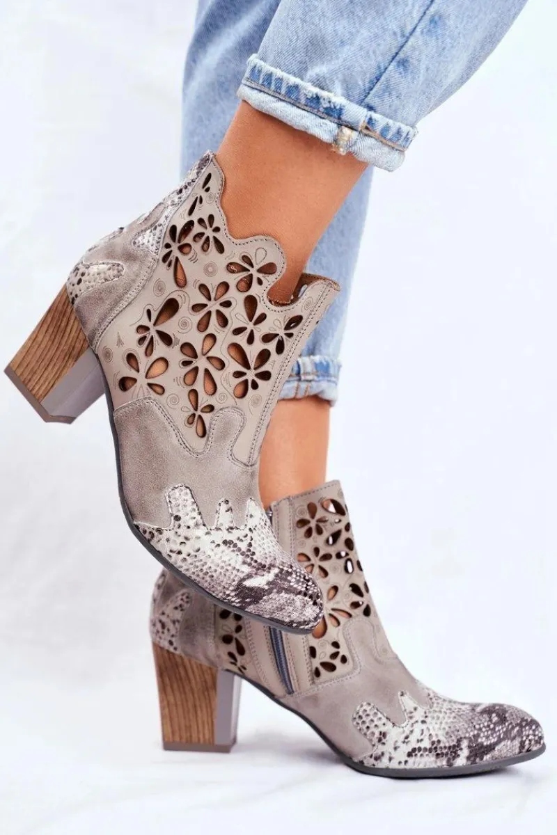 Clearance Maciejka Botki Damskie Na Słupku Wiosenne Popielate 04369-13