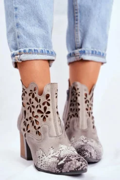 Clearance Maciejka Botki Damskie Na Słupku Wiosenne Popielate 04369-13