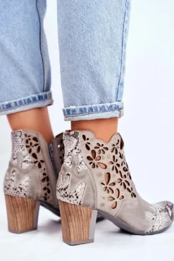 Clearance Maciejka Botki Damskie Na Słupku Wiosenne Popielate 04369-13