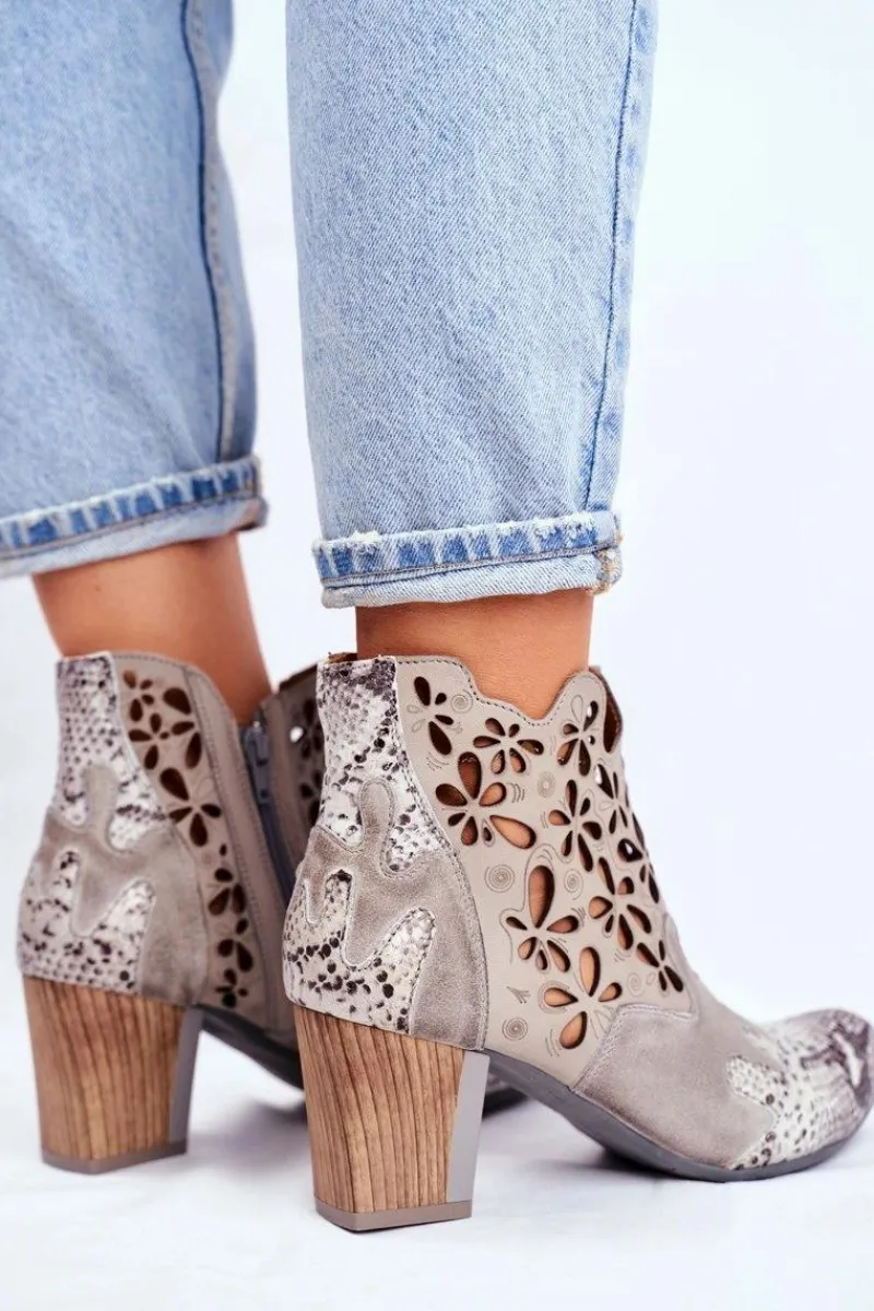 Clearance Maciejka Botki Damskie Na Słupku Wiosenne Popielate 04369-13