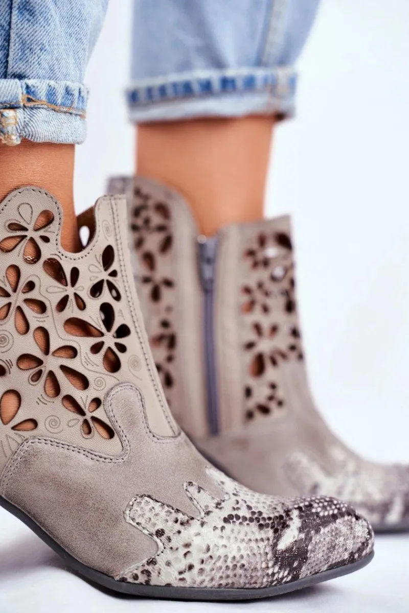 Clearance Maciejka Botki Damskie Na Słupku Wiosenne Popielate 04369-13