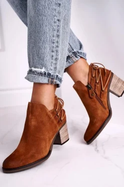 Clearance Botki Damskie Na Słupku Skóra Rude 04812-29 Damskie Botki Wiosenne|Botki Maciejka