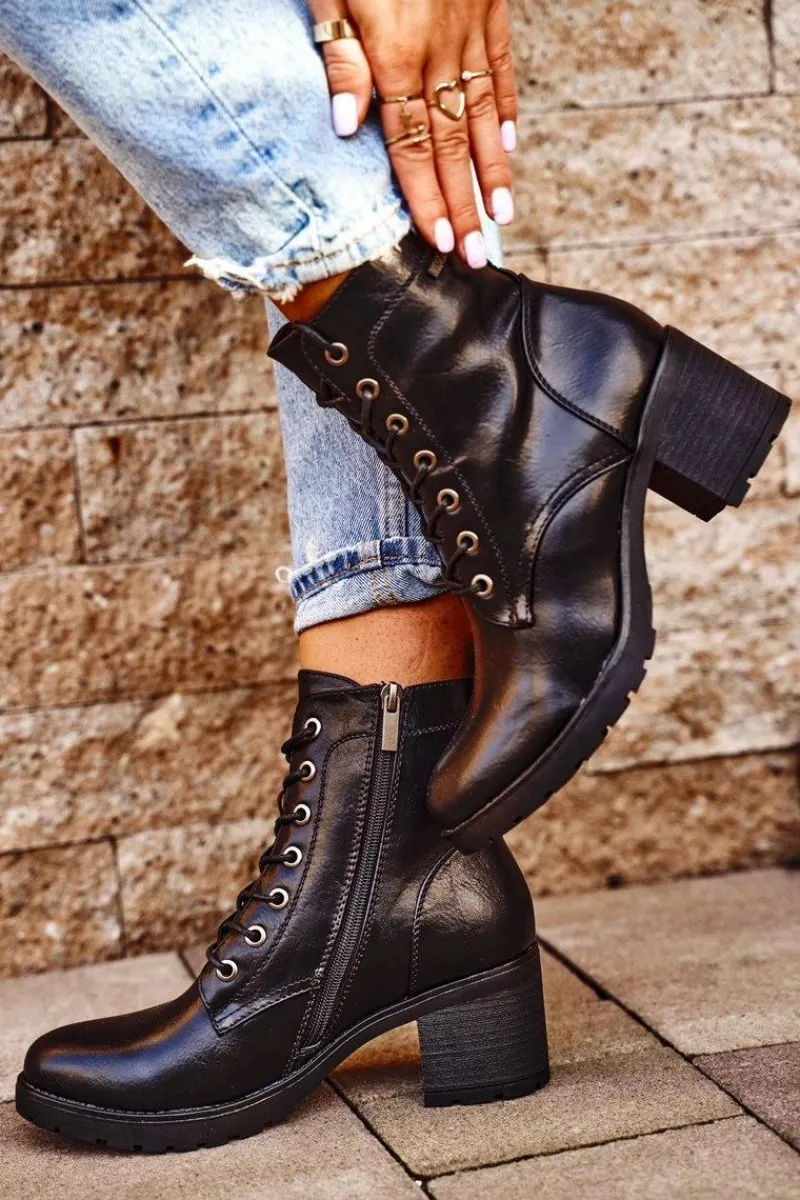 Outlet Botki Damskie Na Słupku Ocieplane Czarne Fiber Damskie Botki Sznurowane|Botki Na Słupku