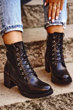 Outlet Botki Damskie Na Słupku Ocieplane Czarne Fiber Damskie Botki Sznurowane|Botki Na Słupku