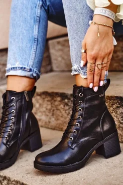 Outlet Botki Damskie Na Słupku Ocieplane Czarne Fiber Damskie Botki Sznurowane|Botki Na Słupku