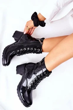 Online Botki Damskie Na Słupku Ocieplane Lakierowane Czarne Dunaff Damskie Botki Sznurowane|Botki Na Słupku