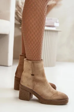 New Boto Botki Damskie Na Słupku Ocieplane Eko Zamszowe Beżowe Arkesia Beżowy