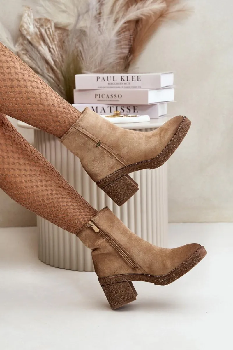 New Boto Botki Damskie Na Słupku Ocieplane Eko Zamszowe Beżowe Arkesia Beżowy