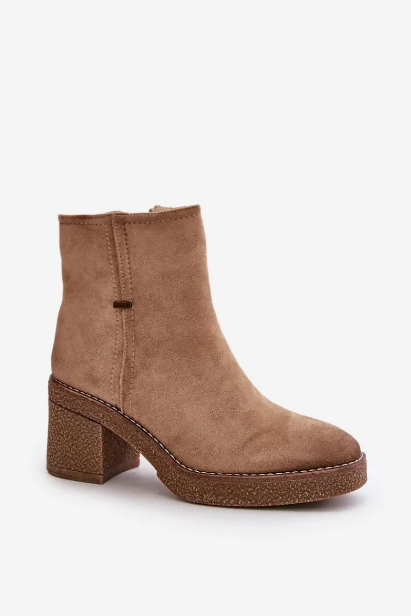 New Boto Botki Damskie Na Słupku Ocieplane Eko Zamszowe Beżowe Arkesia Beżowy