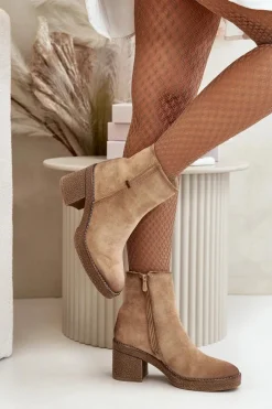 New Boto Botki Damskie Na Słupku Ocieplane Eko Zamszowe Beżowe Arkesia Beżowy