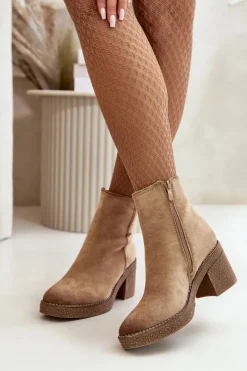 New Boto Botki Damskie Na Słupku Ocieplane Eko Zamszowe Beżowe Arkesia Beżowy