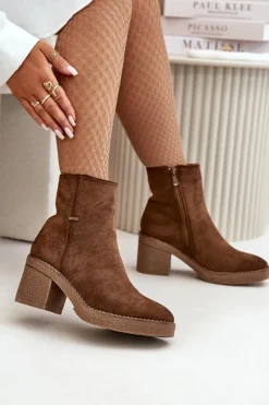 Online Boto Botki Damskie Na Słupku Ocieplane Eko Zamszowe Brązowe Arkesia