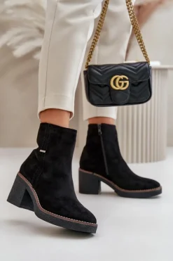 Clearance Botki Damskie Na Słupku Ocieplane Eko Zamszowe Czarne Arkesia Damskie Botki Ocieplane|Brązowe I Beżowe Botki