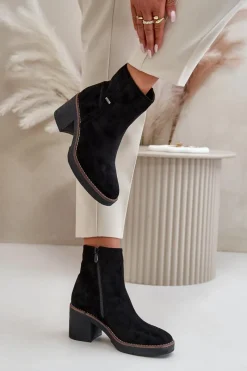 Clearance Botki Damskie Na Słupku Ocieplane Eko Zamszowe Czarne Arkesia Damskie Botki Ocieplane|Brązowe I Beżowe Botki