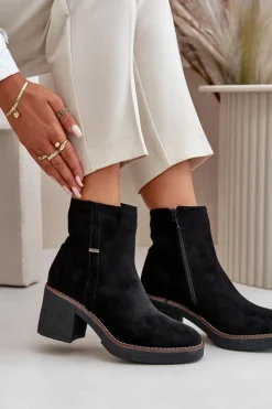 Clearance Botki Damskie Na Słupku Ocieplane Eko Zamszowe Czarne Arkesia Damskie Botki Ocieplane|Brązowe I Beżowe Botki