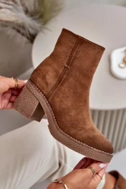 New Botki Damskie Na Słupku Ocieplane Eko Zamszowe Khaki Arkesia Damskie Brązowe I Beżowe Botki|Botki Na Obcasie