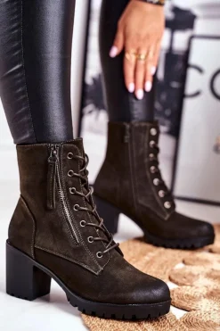 Sale Botki Damskie Na Słupku Ocieplane Khaki Vimen Damskie Botki Sznurowane|Botki Na Słupku