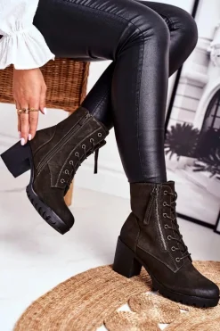 Sale Botki Damskie Na Słupku Ocieplane Khaki Vimen Damskie Botki Sznurowane|Botki Na Słupku