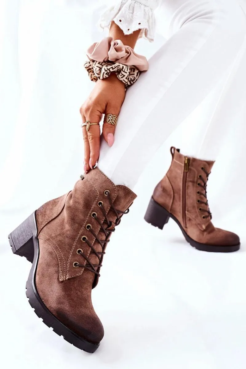 Outlet Buty damskie Vinceza Botki Damskie Na Słupku Ocieplane Zamszowe Beżowe Dunaff