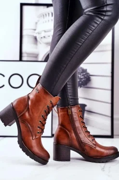 Botki Sznurowane|Botki Na Słupku>Buty damskie Vinceza Botki Damskie Na Słupku Ocieplane Brązowe Fiber