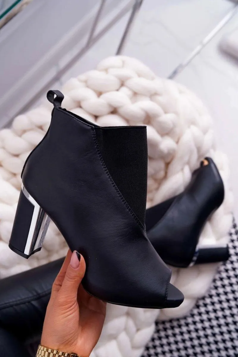 Boto Botki Damskie na Słupku Odkryte Palce Wsuwane Czarne Germen