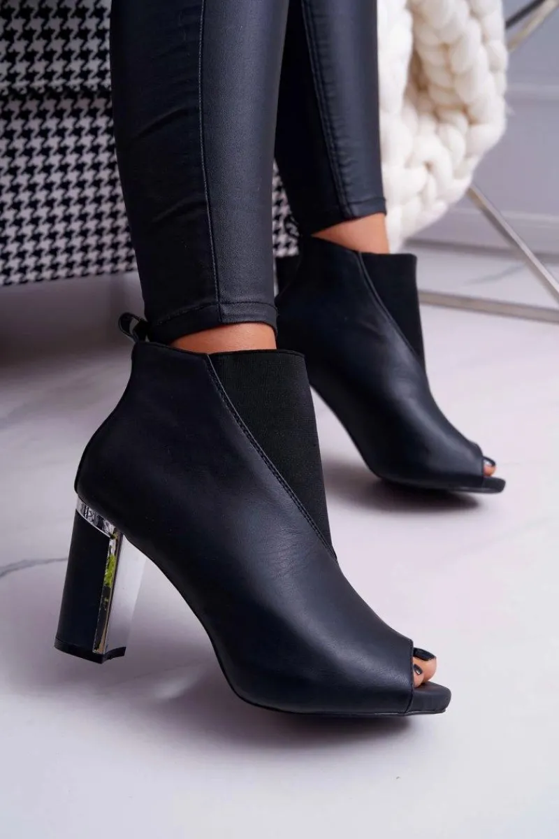 Boto Botki Damskie na Słupku Odkryte Palce Wsuwane Czarne Germen