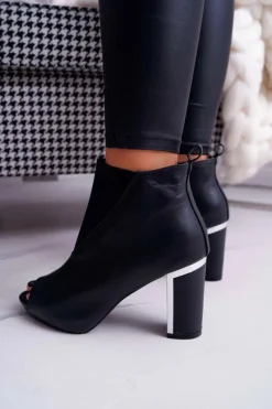 Boto Botki Damskie na Słupku Odkryte Palce Wsuwane Czarne Germen