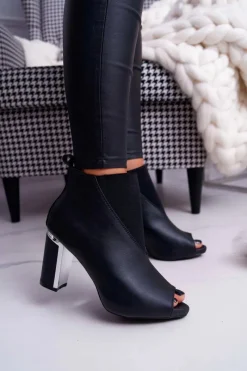 Boto Botki Damskie na Słupku Odkryte Palce Wsuwane Czarne Germen