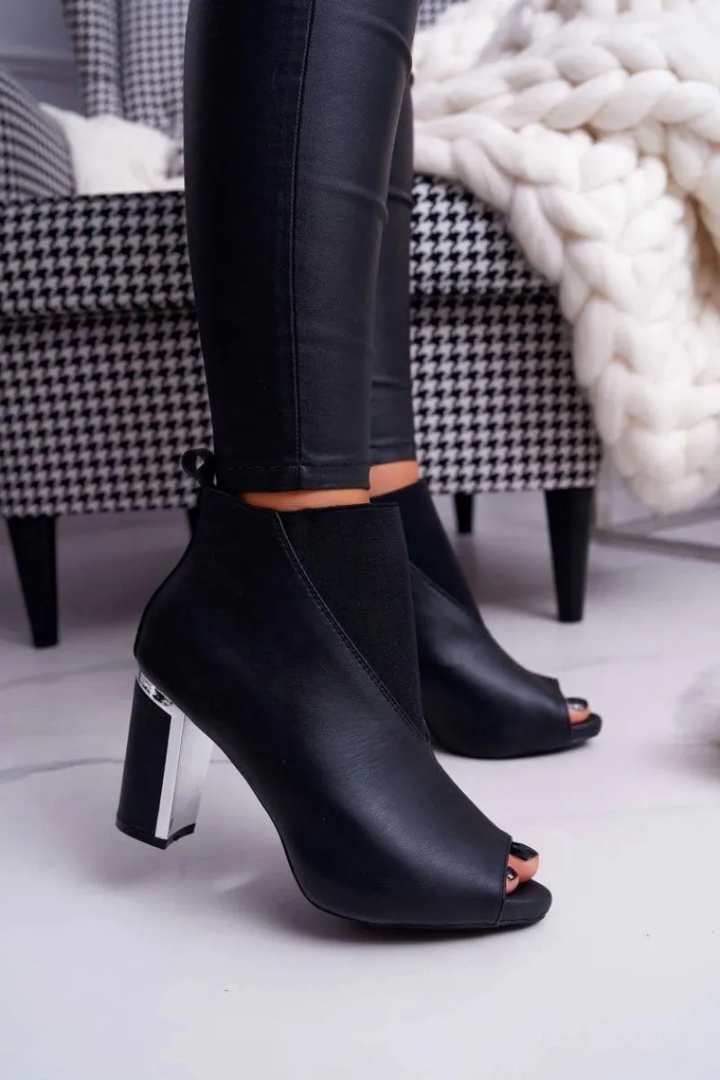 Boto Botki Damskie na Słupku Odkryte Palce Wsuwane Czarne Germen