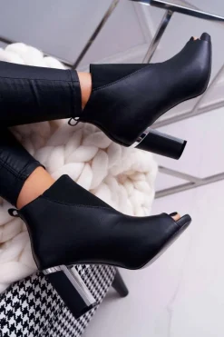 Boto Botki Damskie na Słupku Odkryte Palce Wsuwane Czarne Germen