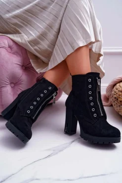 Botki Na Słupku|Botki Zimowe Damskie>Boto Botki Damskie Na Słupku Ozdobny Suwak Zamsz Czarne Imagine