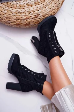 Botki Na Słupku|Botki Zimowe Damskie>Boto Botki Damskie Na Słupku Ozdobny Suwak Zamsz Czarne Imagine