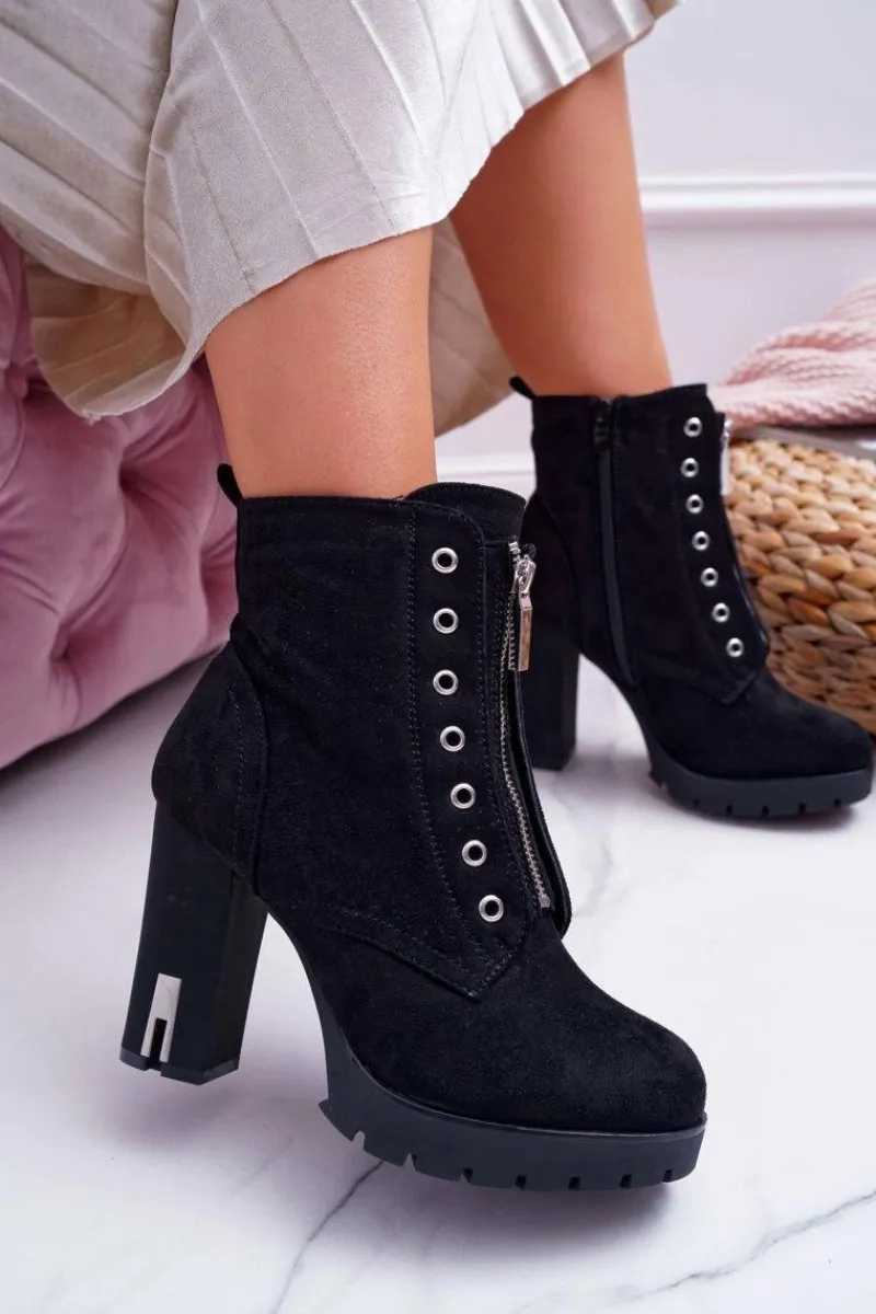 Botki Na Słupku|Botki Zimowe Damskie>Boto Botki Damskie Na Słupku Ozdobny Suwak Zamsz Czarne Imagine