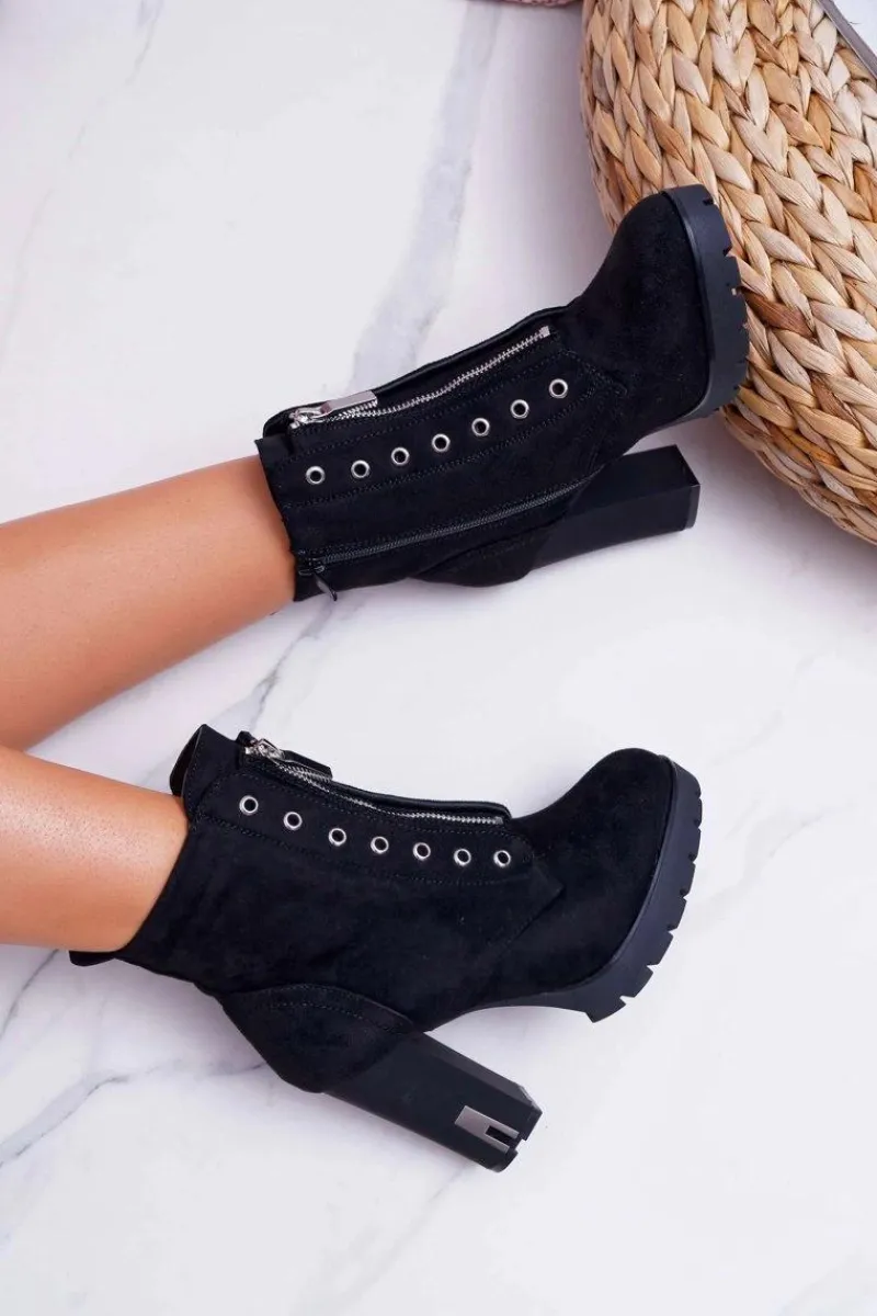 Botki Na Słupku|Botki Zimowe Damskie>Boto Botki Damskie Na Słupku Ozdobny Suwak Zamsz Czarne Imagine