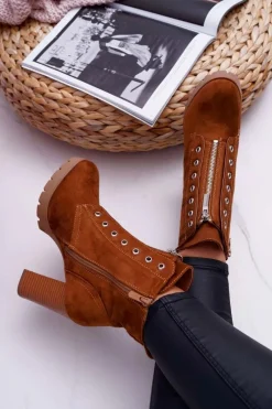 Best Botki Damskie Na Słupku Ozdobny Suwak Zamsz Camel Imagine Damskie Botki Na Słupku|Botki Zimowe Damskie