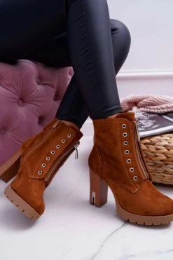 Best Botki Damskie Na Słupku Ozdobny Suwak Zamsz Camel Imagine Damskie Botki Na Słupku|Botki Zimowe Damskie