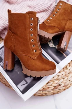 Best Botki Damskie Na Słupku Ozdobny Suwak Zamsz Camel Imagine Damskie Botki Na Słupku|Botki Zimowe Damskie