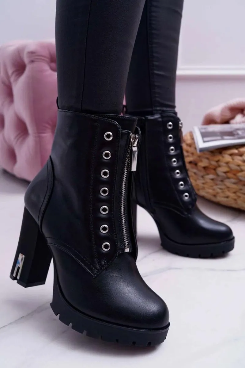 New Boto Botki Damskie Na Słupku Ozdobny Suwak Czarne Imagine