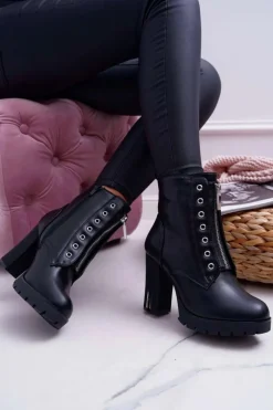 New Boto Botki Damskie Na Słupku Ozdobny Suwak Czarne Imagine