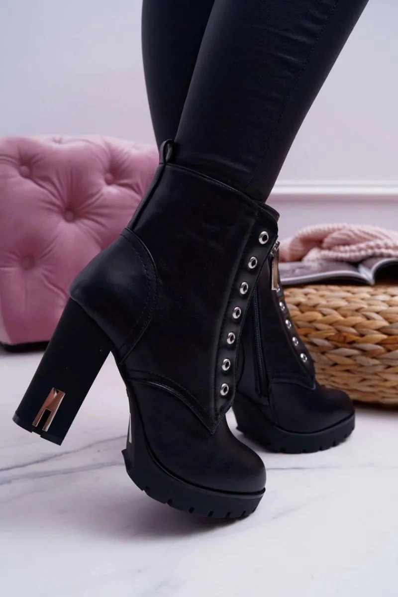 New Boto Botki Damskie Na Słupku Ozdobny Suwak Czarne Imagine
