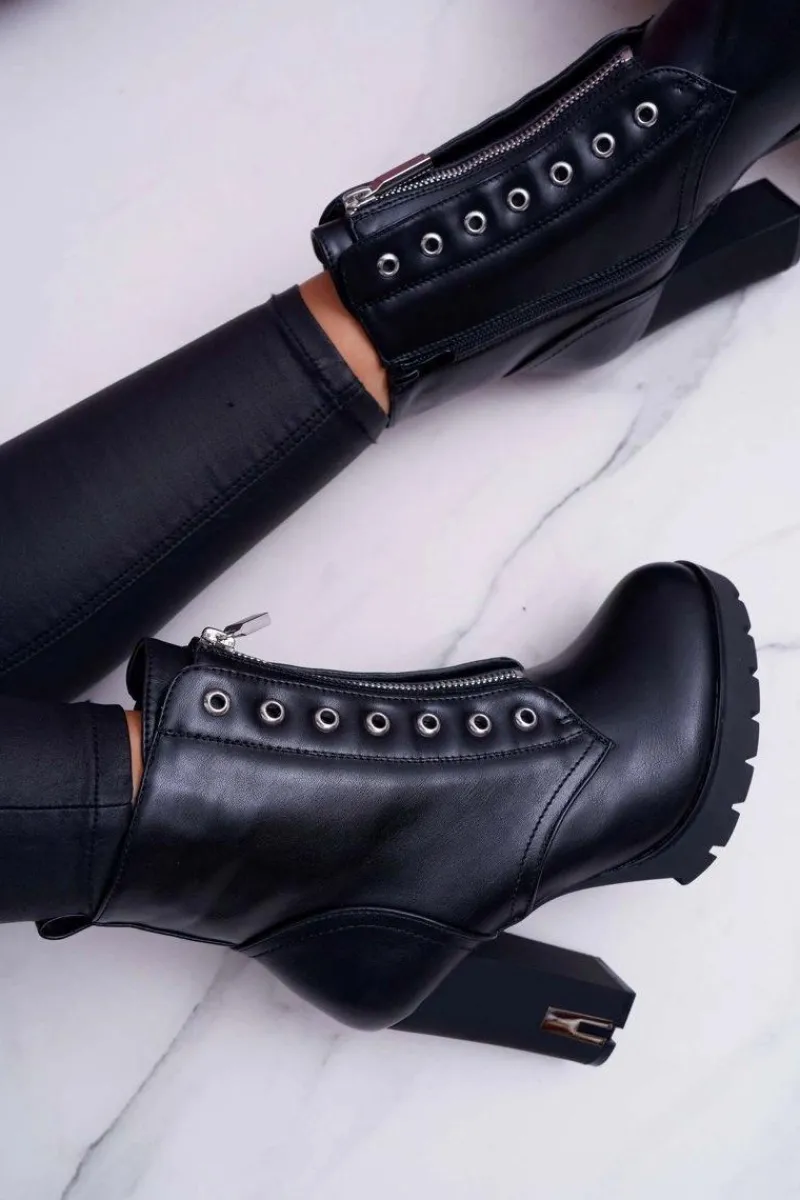 New Boto Botki Damskie Na Słupku Ozdobny Suwak Czarne Imagine