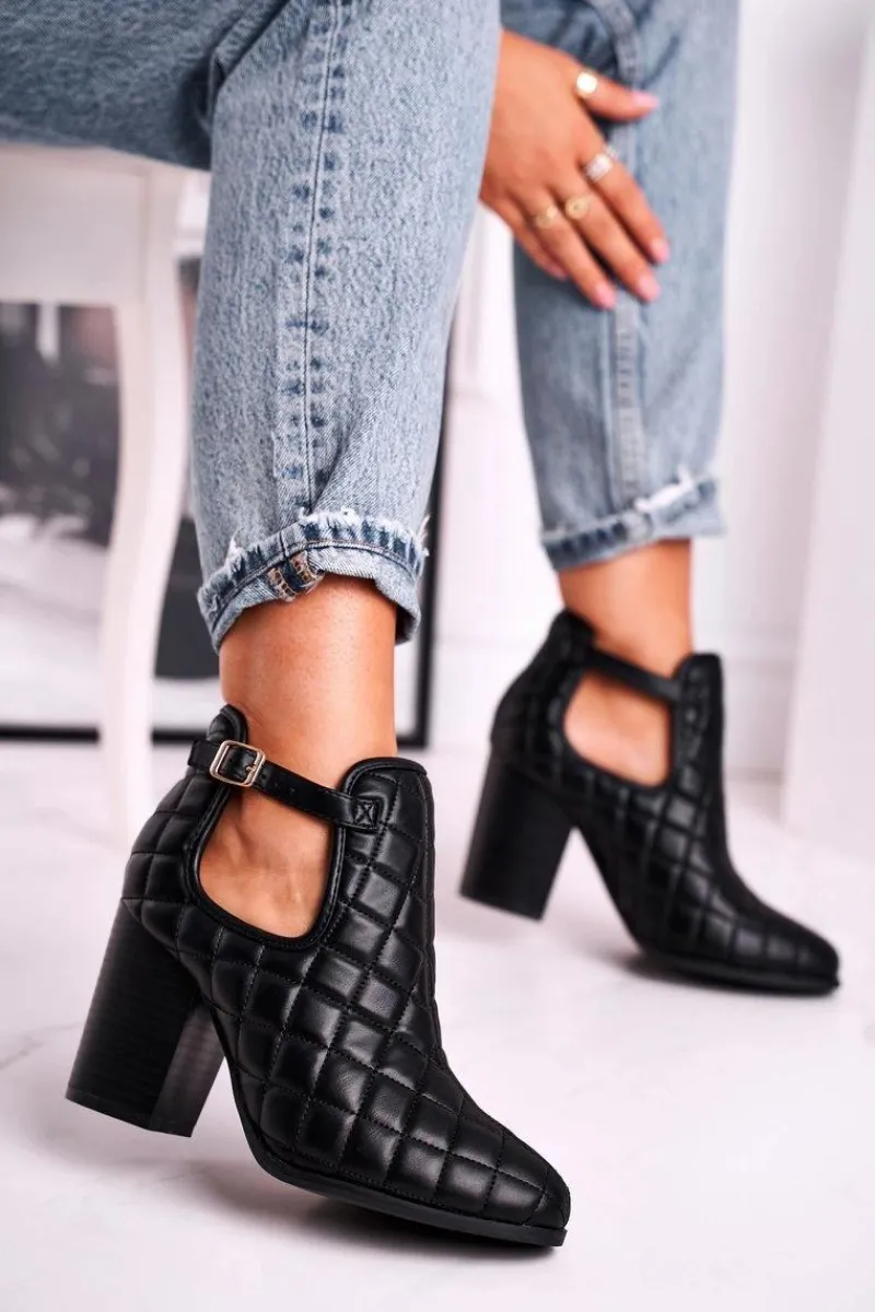 Botki Wiosenne|Botki Na Słupku>Boto Botki Damskie Na Słupku Pikowane Z Wycięciami Czarne Dreams