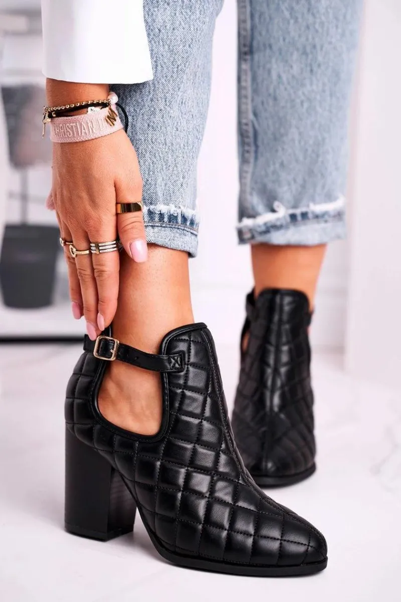 Botki Wiosenne|Botki Na Słupku>Boto Botki Damskie Na Słupku Pikowane Z Wycięciami Czarne Dreams