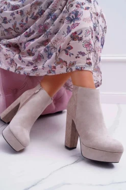 Botki Na Słupku|Brązowe I Beżowe Botki>Boto Botki Damskie na Słupku Platformie Zamszowe Beżowe Celinne