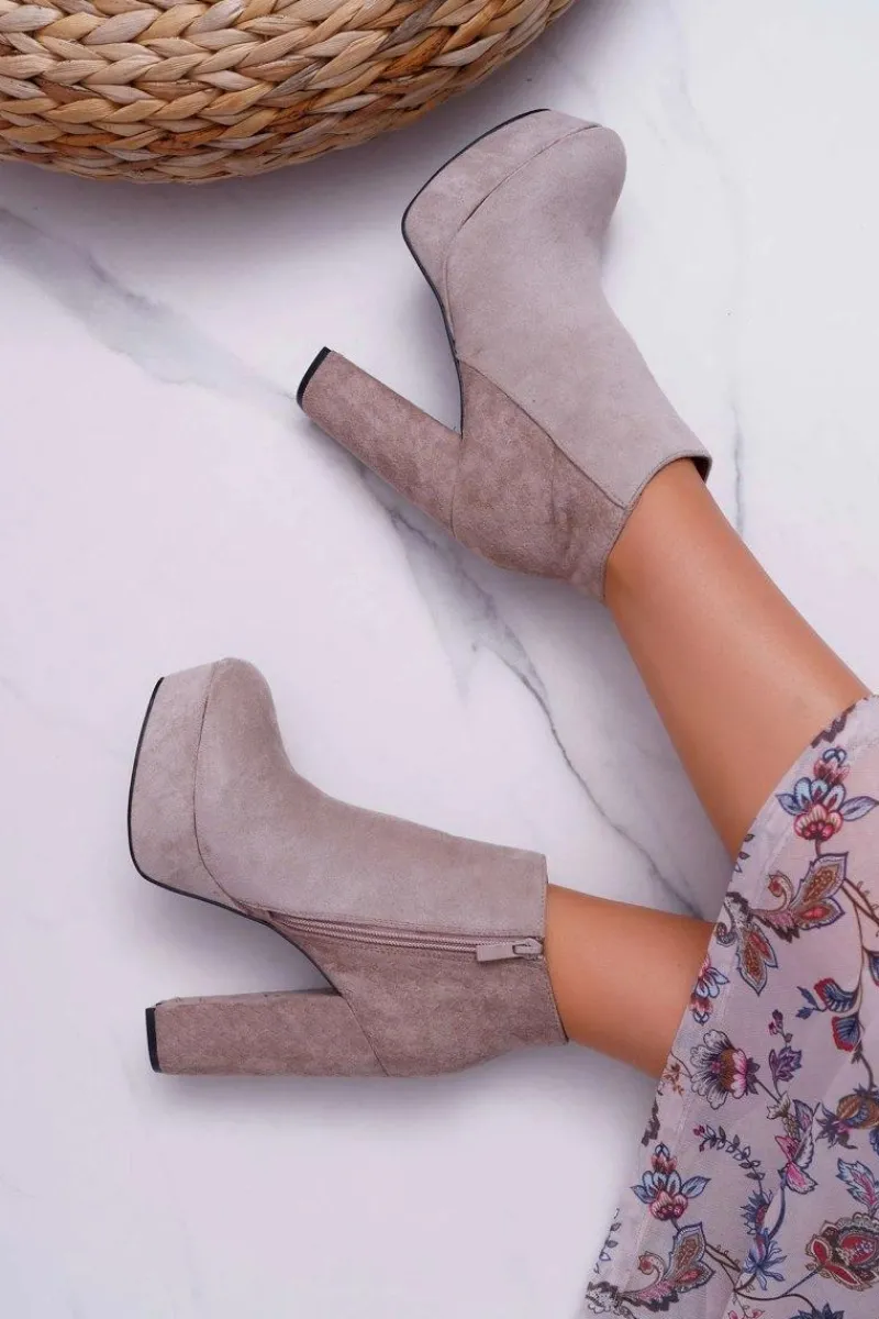 Botki Na Słupku|Brązowe I Beżowe Botki>Boto Botki Damskie na Słupku Platformie Zamszowe Beżowe Celinne