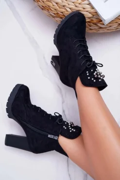 Sale Boto Botki Damskie na Słupku Platformie Zamszowe Czarne Fieste