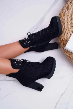 Sale Boto Botki Damskie na Słupku Platformie Zamszowe Czarne Fieste