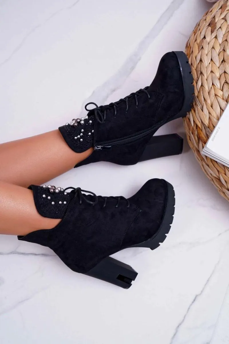 Sale Boto Botki Damskie na Słupku Platformie Zamszowe Czarne Fieste