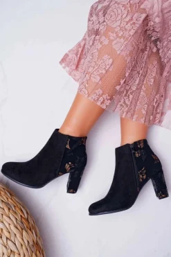 Best Buty Sergio Leone Botki Damskie Na Słupku Sergio Leone W Złote Kwiaty Folk Czarne Eros2